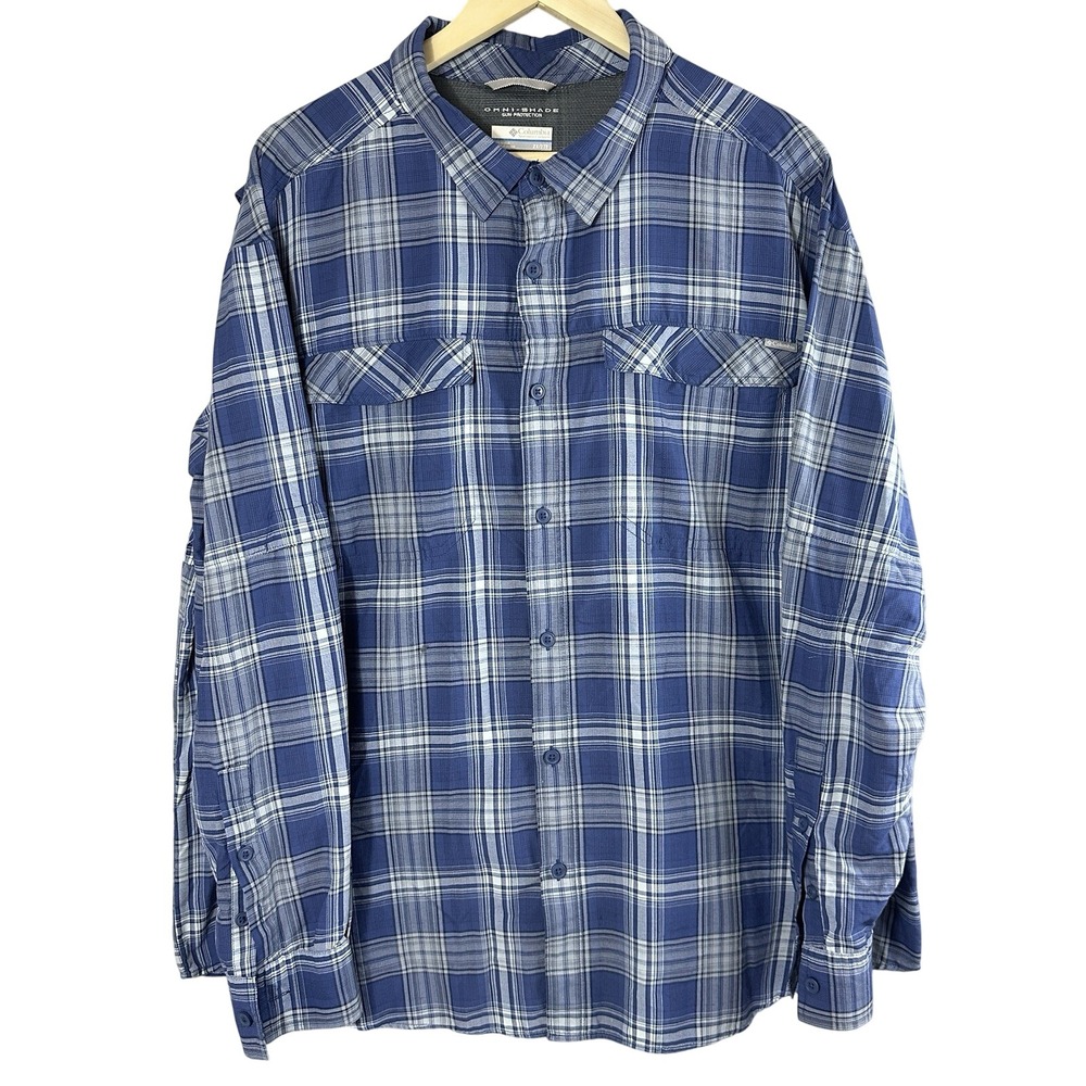Columbia Omni Shade Men's Shirt XXL 2XL Blue Plaid Fishing Nylon Roll Tab Sleeve